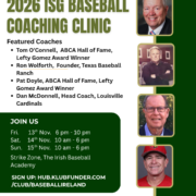 2026 ISG Baseball Coaching Clinic Poster showing details of Baseball Ireland's Coaching Clinic along with photographs of four Baseball Coaches