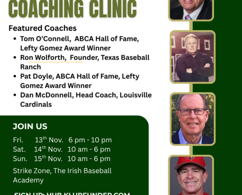 2026 ISG Baseball Coaching Clinic Poster showing details of Baseball Ireland's Coaching Clinic along with photographs of four Baseball Coaches