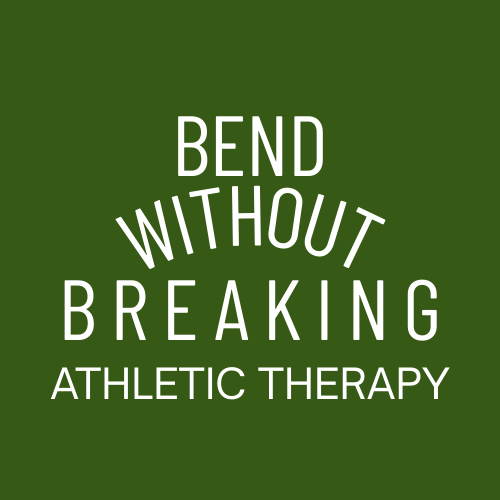 Bend Without Breaking Athletic Therapy Logo. Above Text in White CAPITALS on Dark Green Background.